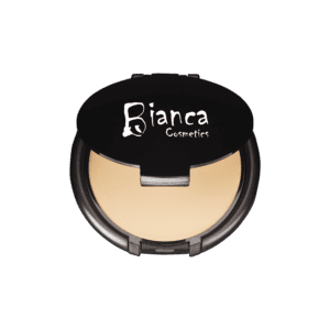 A compact powder foundation with a white lid on a white background.