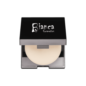 A compact powder with a white lid on a white background.