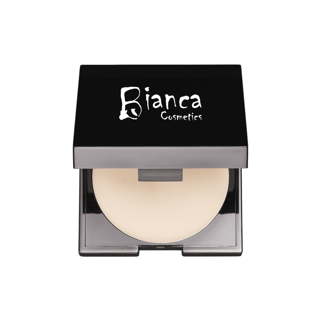 A compact powder with a white lid on a white background.