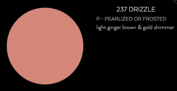 A pink circle with the words 237 dazzle p pearlized or frosted light ginger brown & gold dimmer.