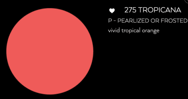 A red circle with the words 275 tropicana pearl p frosted vivid tropical orange.