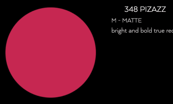 A red blusher with the words 348 pizzaz matte m bright and bold true red.